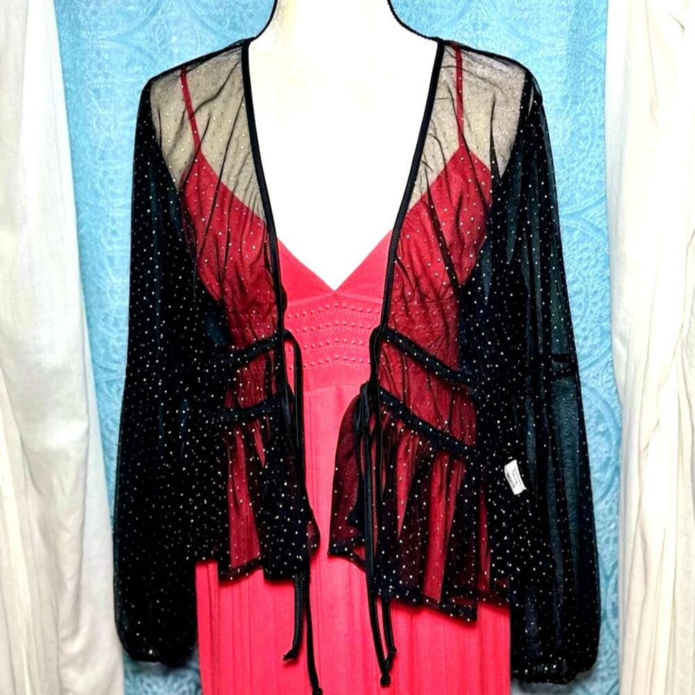 🌟 Hesperus Mesh Gold Micro Dot Peplum Blouse Cardigan Jacket Sz L/XL - Picture 7 of 8